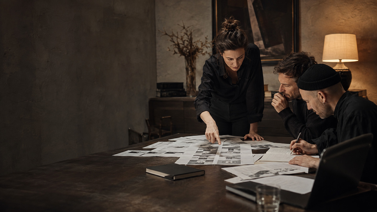 Three senior creatives reviewing printed contact sheets and campaign documents on a dark studio table